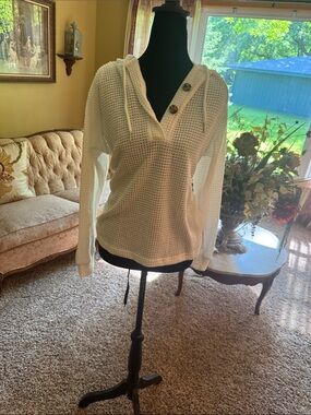Waffle-Knit Hooded Pullover in Cream